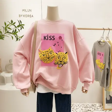 2022春季新款韩国东大门原宿风金钱豹刺绣上衣毛圈棉卫衣大码欧货商品大图