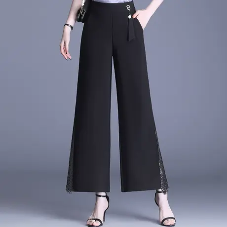 雪纺阔腿裤女夏薄款2023新款高腰宽松直筒裤开叉拼接蕾丝休闲裤子商品大图