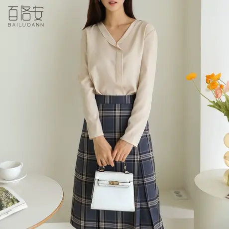 百洛安气质简约衬衫女春装新款韩版V领小心机衬衣纯色百搭上衣女图片