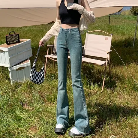复古怀旧喇叭牛仔裤女春2023年新款高腰显瘦辣妹毛边微喇马蹄裤子图片