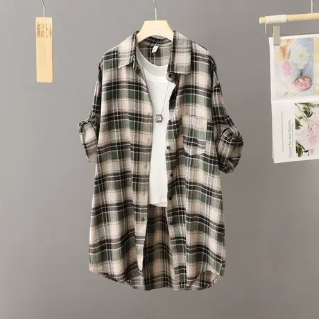 格子衬衫外套女中长款春秋韩版宽松大码休闲百搭外穿衬衣开衫上衣商品大图