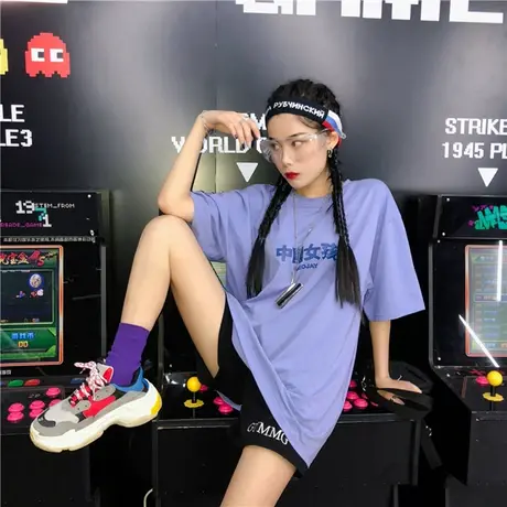 短袖t恤女2019新款宽松韩版怪味少女学生百搭ins嘻哈bf蹦迪上衣潮商品大图