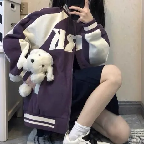 摇粒绒外套女秋冬季小个子高级感炸街美式复古上衣加绒加厚棒球服商品大图