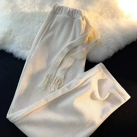 白色灯芯绒裤子女春秋休闲垂坠抽绳小众米色直筒阔腿裤ins小个子图片