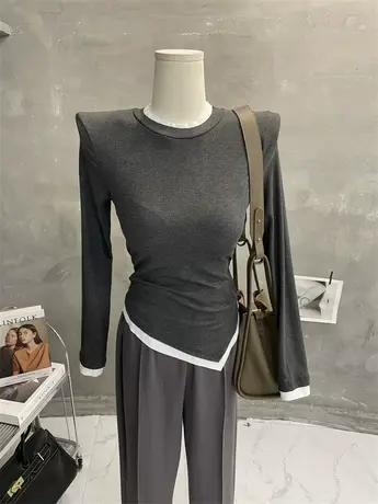 洋气别致~撞色显瘦假两件长袖T恤女百搭紧身螺纹打底衫上衣内搭秋商品大图