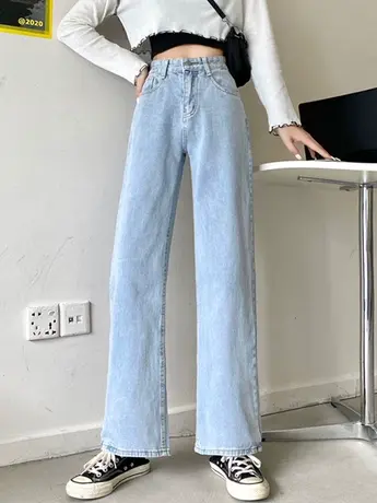 秋季2023新款韩版复古高腰显瘦长裤百搭牛仔裤女宽松直筒阔腿裤子商品大图