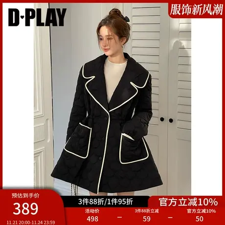 DPLAY冬新名媛风大翻领撞色包边黑色高腰A字大摆棉服商品大图
