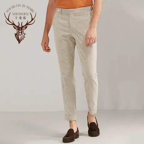 十米布纯棉棕色条纹休闲裤个性巴黎扣加长圆腰头单褶卷边裤子男商品大图