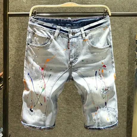 浅色短裤男夏季破洞潮流韩版牛仔五分裤个性拼接油漆潮牌中裤薄款图片