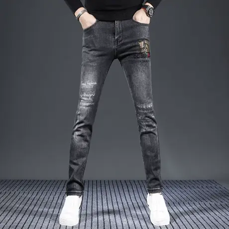 轻奢牛仔裤男秋冬新款时尚烫钻潮流男士弹力修身小脚休闲百搭裤子商品大图