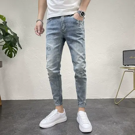 2023春秋轻奢男款休闲潮牌牛仔裤破洞印花青年修身小脚牛仔长裤男商品大图