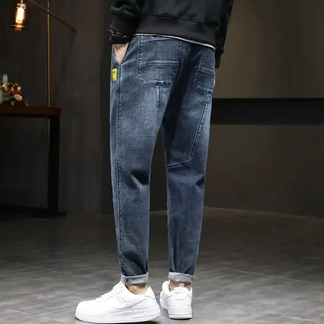 冬季松紧腰男裤抽绳弹力牛仔裤男士休闲长裤直筒宽松秋冬裤子冬天商品大图