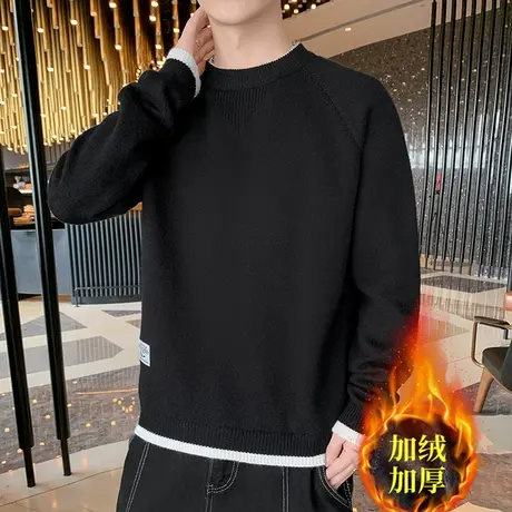 基本款毛衣男秋冬季新款潮牌加绒加厚线衣内搭黑色圆领针织打底衫商品大图