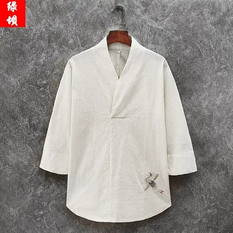 夏季中国风男七分短袖T恤亚麻宽松衣服仙鹤刺绣棉麻男装中袖上衣图片
