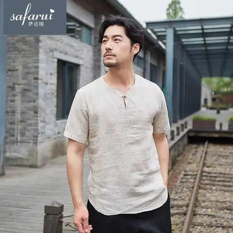 萨法瑞男装亚麻短袖男宽松中国风上衣薄款男士棉麻短袖t恤男体恤图片