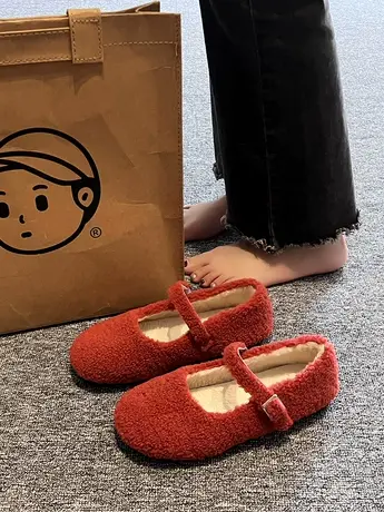 复古森系加绒毛毛单鞋女2023年秋冬新款法式一字玛丽珍鞋羊羔毛鞋商品大图