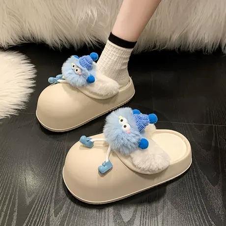时尚可爱卡通毛精灵球棉拖鞋女2023年秋冬季韩版厚底保暖室内棉鞋商品大图