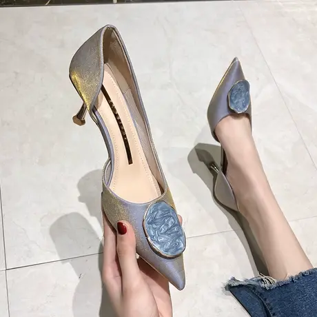 法式少女尖头单鞋女细跟2024年春季新款性感气质侧空不累脚高跟鞋商品大图