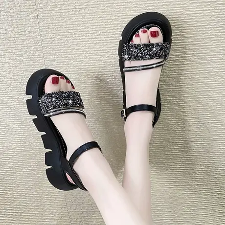 松糕凉鞋女黑色高级感高跟鞋2023夏季新款厚底增高时尚性感水钻鞋图片