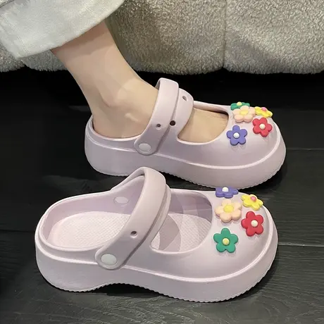 包头洞洞鞋女夏季防滑外穿可爱花朵踩屎感松糕厚底增高两穿凉拖鞋商品大图