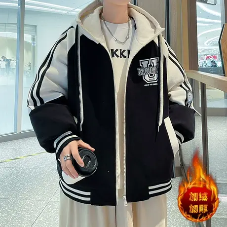 奥粒绒保暖夹克男士冬季外套加绒加厚连帽棉服男撞色拼接防寒棉衣商品大图