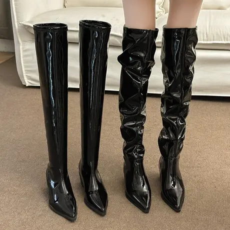 长筒靴女2023秋冬新款复古法式皮靴尖头堆堆靴爆款高跟粗跟过膝靴图片