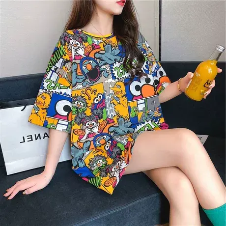 短袖t恤女宽松春夏潮2023年新款卡通大码胖mm中长款半袖上衣服商品大图