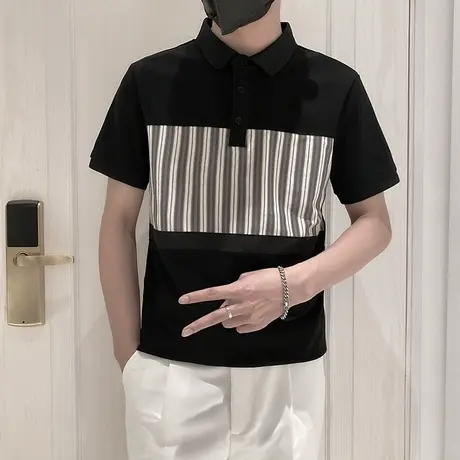 潮牌拼接条纹POLO衫男ins短袖夏季上衣2023新款半截袖夏季半袖帅t商品大图