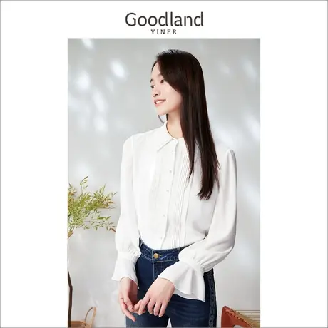 *Goodland女装2023春季千鸟格纹提花钉珠设计感衬衫商品大图