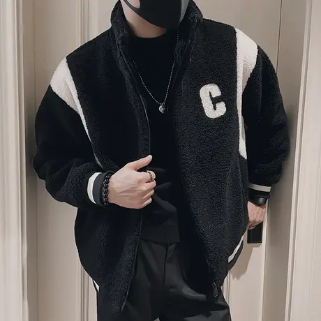 美式个性拼色设计感摇粒绒棉衣男冬季新款加厚潮牌字母羊羔毛外套图片