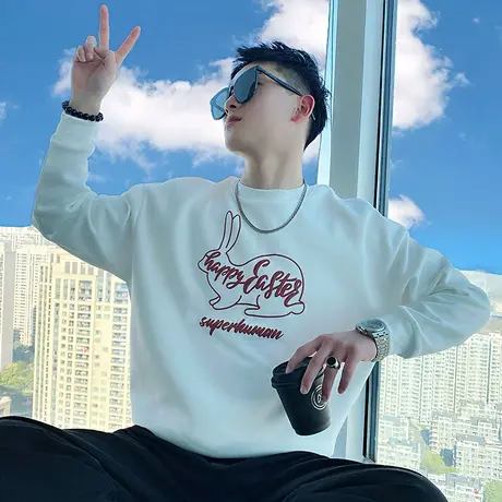 个性图案卫衣男2022新款潮牌男装圆领长袖T恤春秋季痞帅重磅外套商品大图