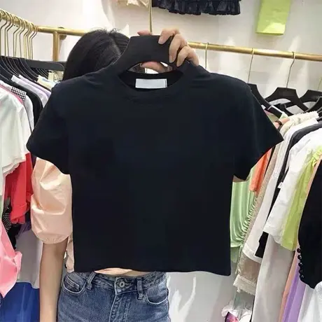 正肩短袖T恤女夏季2023新款辣妹短款纯色打底衫黑色修身显瘦上衣商品大图