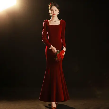 鱼尾敬酒服新娘2023新款冬季长袖酒红色丝绒礼服女修身订婚高级感商品大图