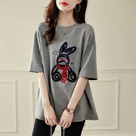 宝诗黎圆领刺绣棉质短袖春季宽松落肩时尚T恤女新款2025百搭上衣图片