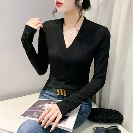 欧货女装时尚网纱气质镂空V领烫钻长袖打底衫春装内塔上衣修身T恤商品大图