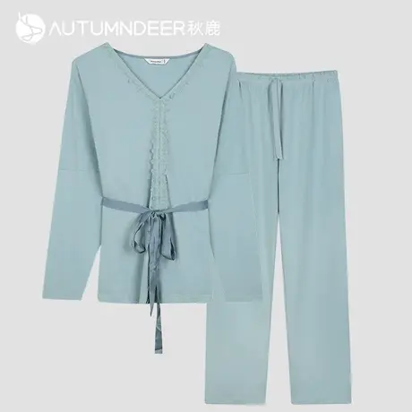 【商场同款】秋鹿女士睡衣春秋款简约花边V领绑带秋季家居服2604商品大图