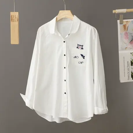 学院风小个子穿搭刺绣白色衬衫女纯棉打底衫春秋上衣百搭学生衬衣商品大图