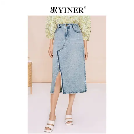 YINER音儿女装夏季女装设计感纯棉开衩牛仔半身裙图片