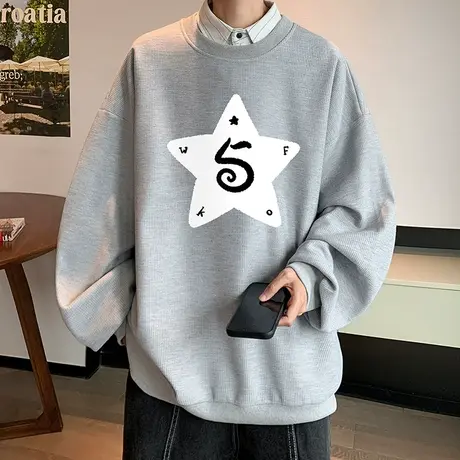 圆领卫衣男款春秋季小众印花长袖t恤男外套青少年休闲宽松打底衫T图片