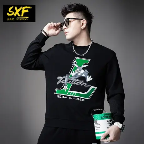 SXF圣希梵男士卫衣 刺绣烫钻圆领衣服宽松2023新款秋季上衣男潮牌商品大图