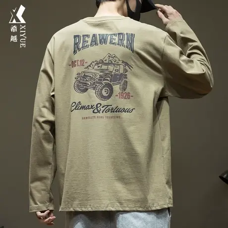 希越美式越野车印花长袖T恤男春季新款宽松大码男士潮牌内搭上衣图片