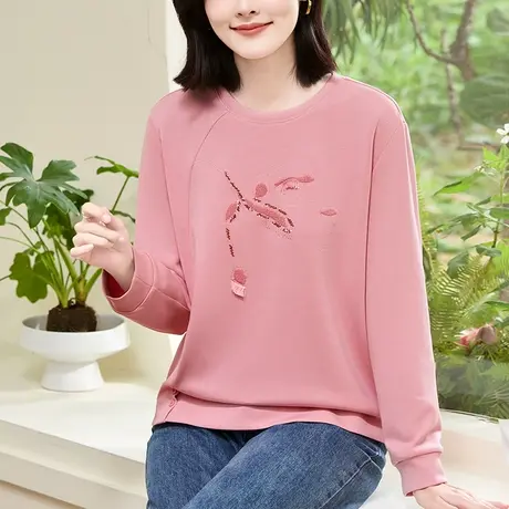 圆领卫衣女春秋2024年新款时尚棉质刺绣洋气中年妈妈休闲百搭上衣商品大图