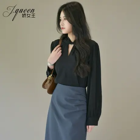 黑色衬衫女长袖上衣春季新款复古港味小众设计感绑带气质免烫衬衣图片