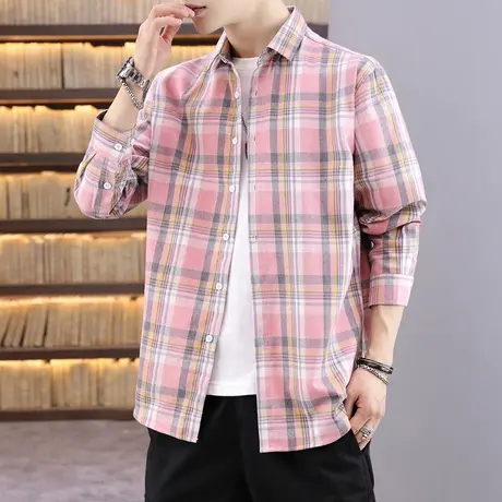 纯棉格子衬衫男士春秋季长袖休闲衬衣韩版潮流寸衫青少年学生外套商品大图