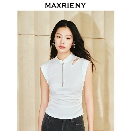 MAXRIENY新中式立领盘扣T恤2024春款小众设计感无袖上衣修身显瘦图片