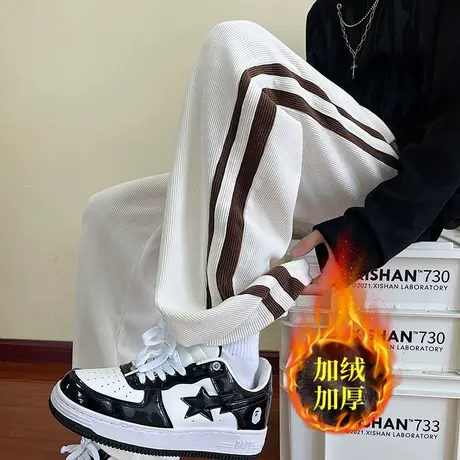 加绒休闲长裤男春秋冬款美式拼色宽松直筒加厚保暖小众潮牌长裤子商品大图