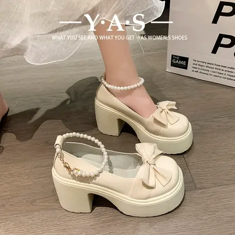 小香风粗跟高跟鞋白色2024新款小个子增高玛丽珍甜美可爱lolita鞋图片