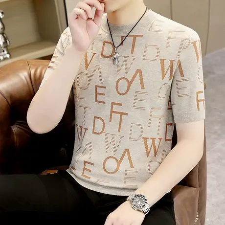 半高领字母提花毛衣男士短袖T恤针织衫春季加厚打底半袖潮流秋装商品大图