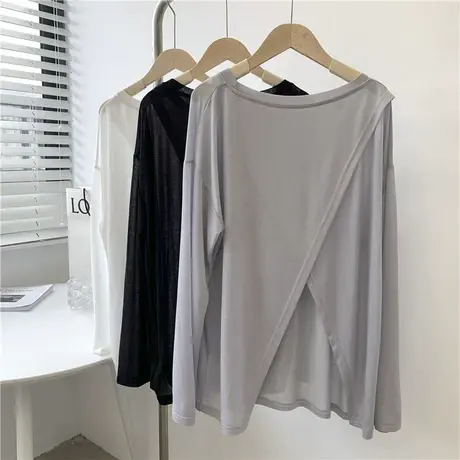 设计感后背交叉纯色长袖T恤女韩版宽松透视舞蹈圆领空调衫防晒衣图片