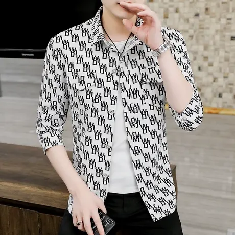 春夏季七分袖衬衫男士中袖潮牌ins帅气个性韩版衬衣学生薄款夹克商品大图